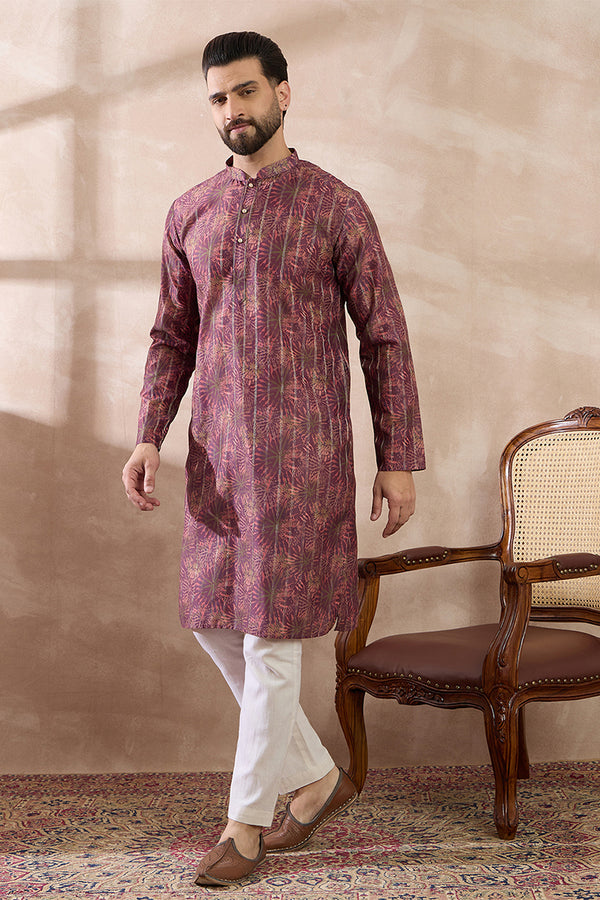 Purple Silk Blend Printed Mandarin Collar Straight Kurta MKU2023