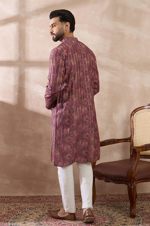 Purple Silk Blend Printed Mandarin Collar Straight Kurta MKU2023