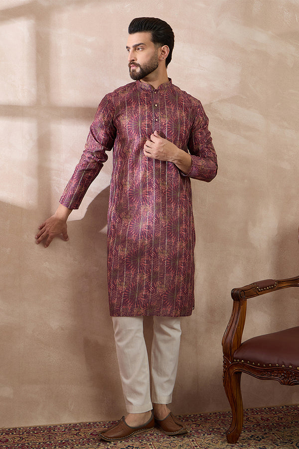 Purple Silk Blend Printed Mandarin Collar Straight Kurta MKU2023