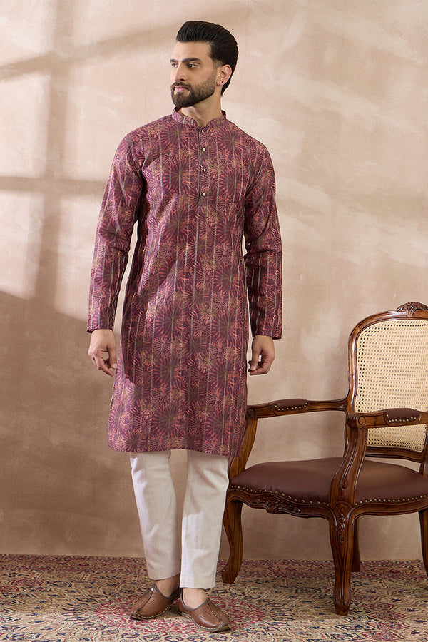 Purple Silk Blend Printed Mandarin Collar Straight Kurta MKU2023