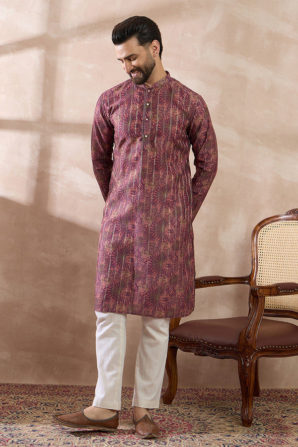 Purple Silk Blend Printed Mandarin Collar Straight Kurta MKU2023