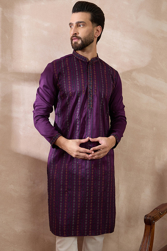 Purple Silk Blend Embroidered Mandarin Collar Straight Kurta MKU2038