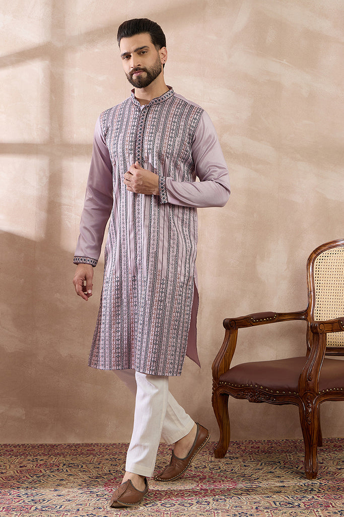 Lavender Silk Blend Embroidered Mandarin Collar Straight Kurta MKU2041