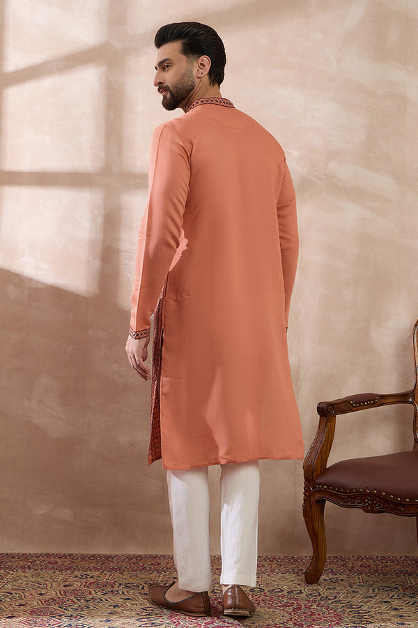 Orange Silk Blend Embroidered Mandarin Collar Straight Kurta MKU2043