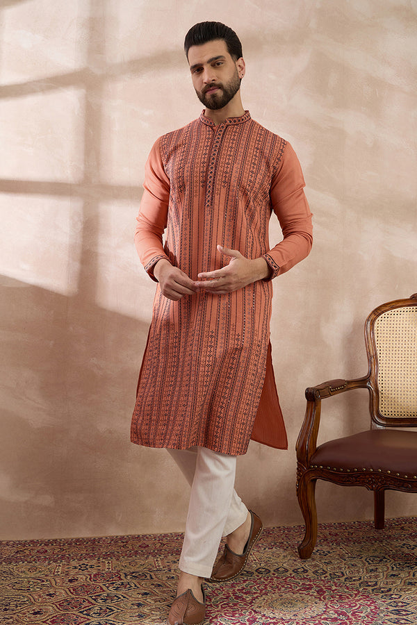 Orange Silk Blend Embroidered Mandarin Collar Straight Kurta MKU2043