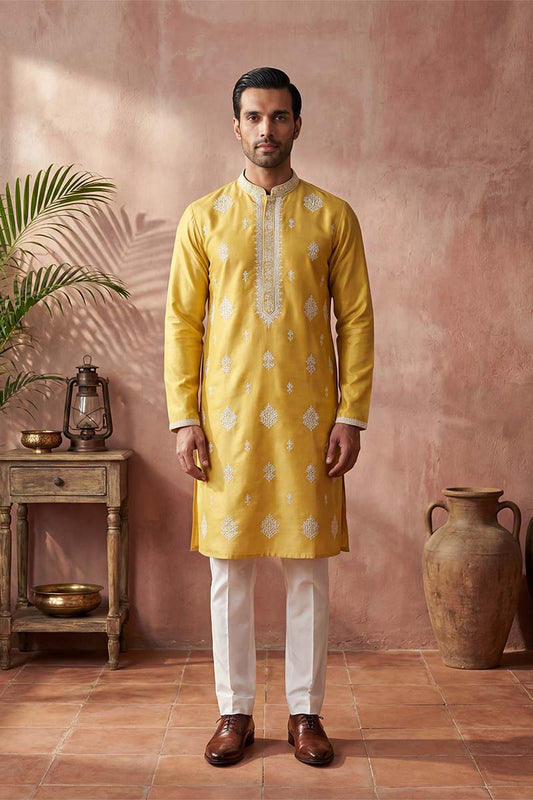 Yellow Silk Blend Solid Embroidered Kurta MKU2044