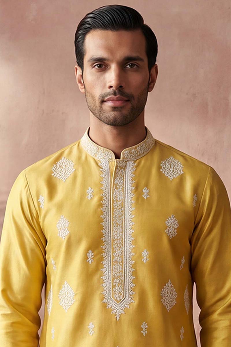 Yellow Silk Blend Solid Embroidered Kurta MKU2044