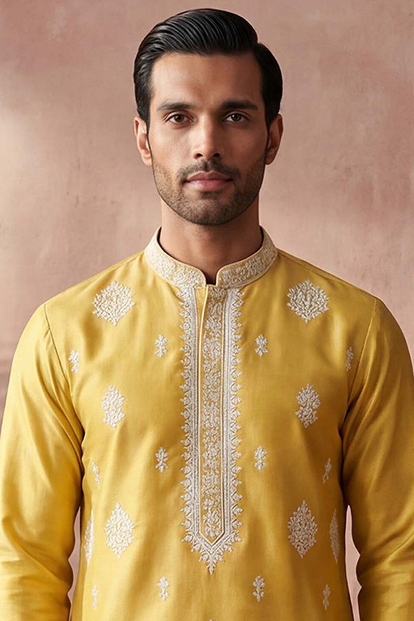 Yellow Silk Blend Solid Embroidered Kurta MKU2044