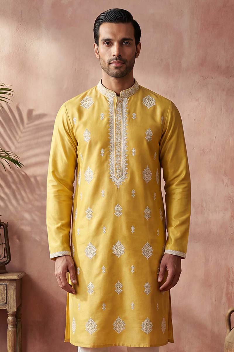 Yellow Silk Blend Solid Embroidered Kurta MKU2044