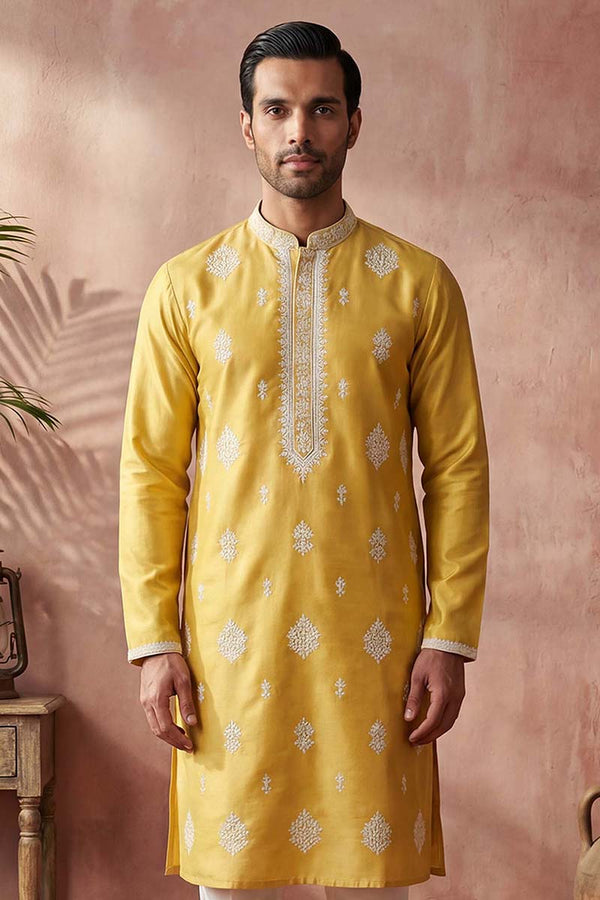 Yellow Silk Blend Solid Embroidered Kurta With Trouser MKSET2044