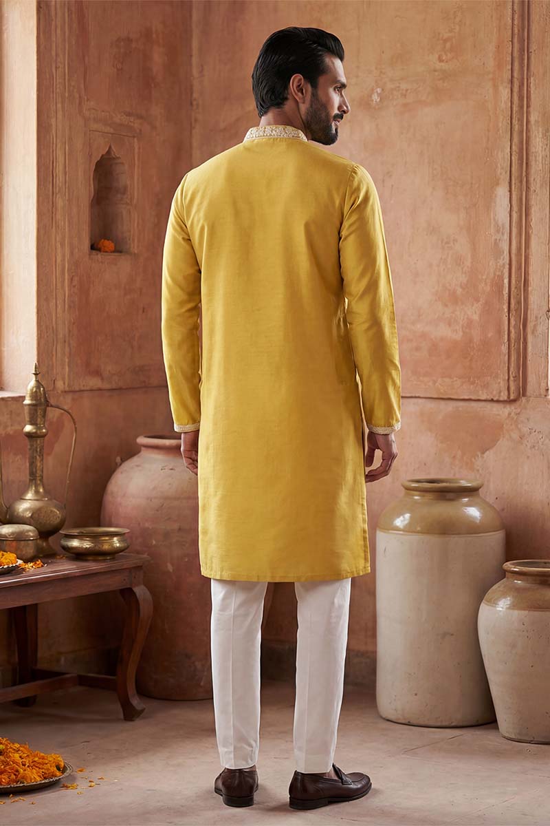 Yellow Silk Blend Solid Embroidered Kurta With Trouser MKSET2044