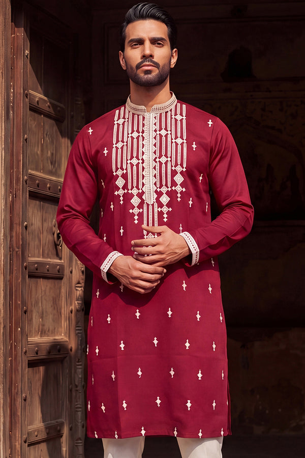 Maroon Silk Blend Embroidered Straight Kurta MKU2049