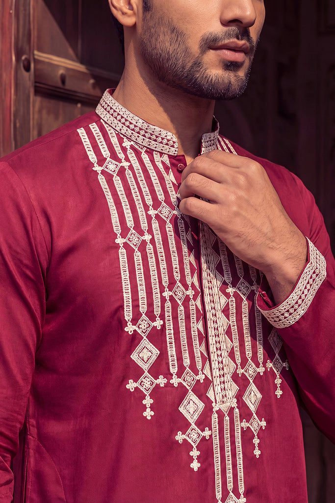 Maroon Silk Blend Embroidered Straight Kurta With Trousers MKSET2049