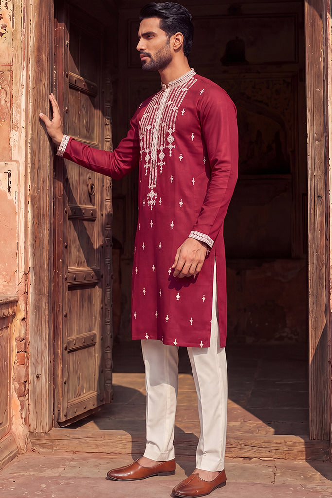 Maroon Silk Blend Embroidered Straight Kurta With Trousers MKSET2049