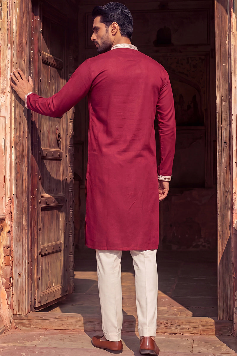 Maroon Silk Blend Embroidered Straight Kurta With Trousers MKSET2049