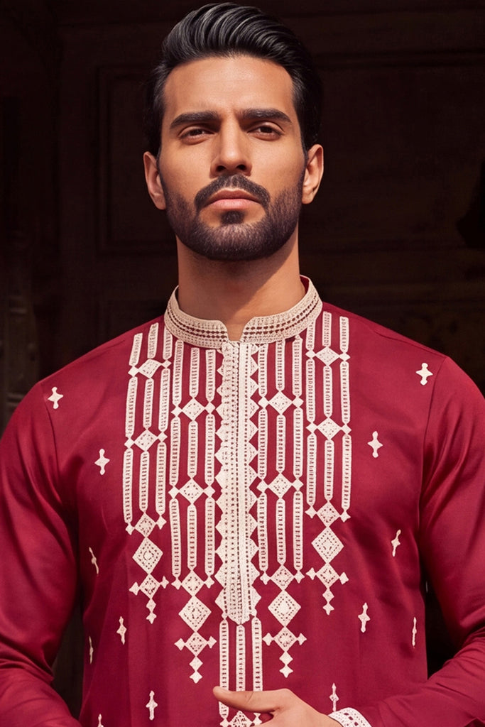 Maroon Silk Blend Embroidered Straight Kurta MKU2049