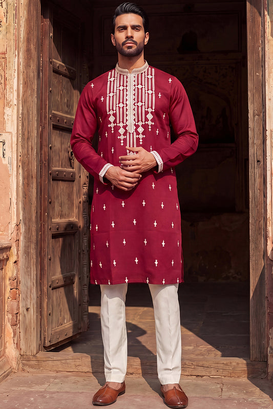 Maroon Silk Blend Embroidered Straight Kurta With Trousers MKSET2049