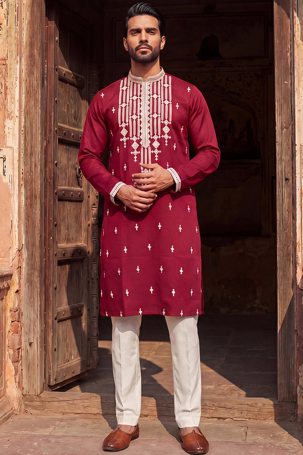 Maroon Silk Blend Embroidered Straight Kurta MKU2049