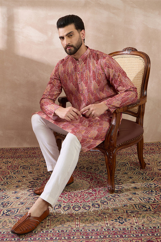 Pink Silk Blend Printed Mandarin Collar Straight Kurta MKU2054