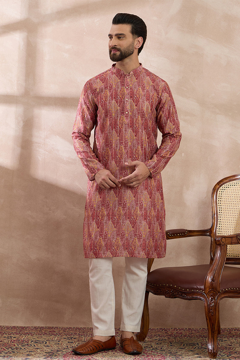 Pink Silk Blend Printed Mandarin Collar Straight Kurta MKU2054