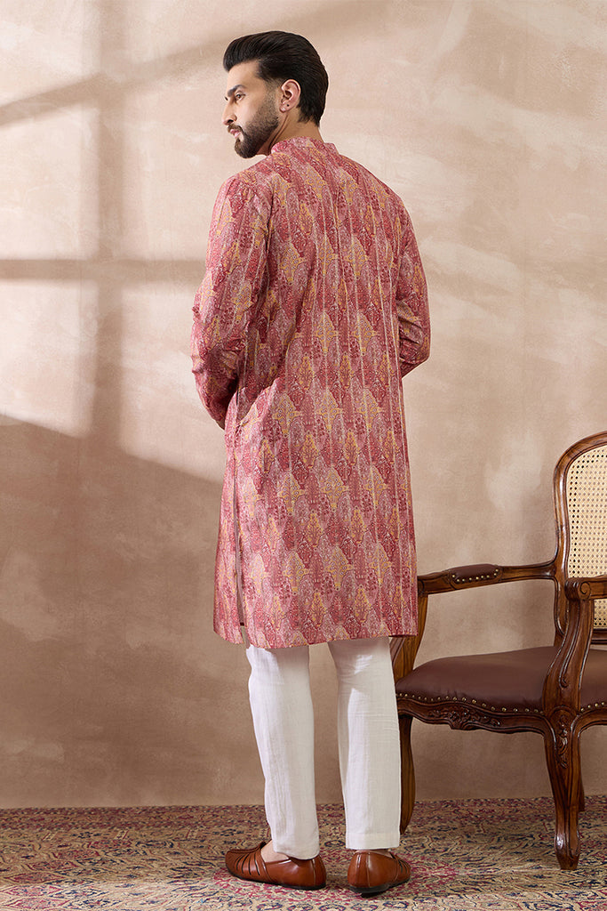 Pink Silk Blend Printed Mandarin Collar Straight Kurta MKU2054