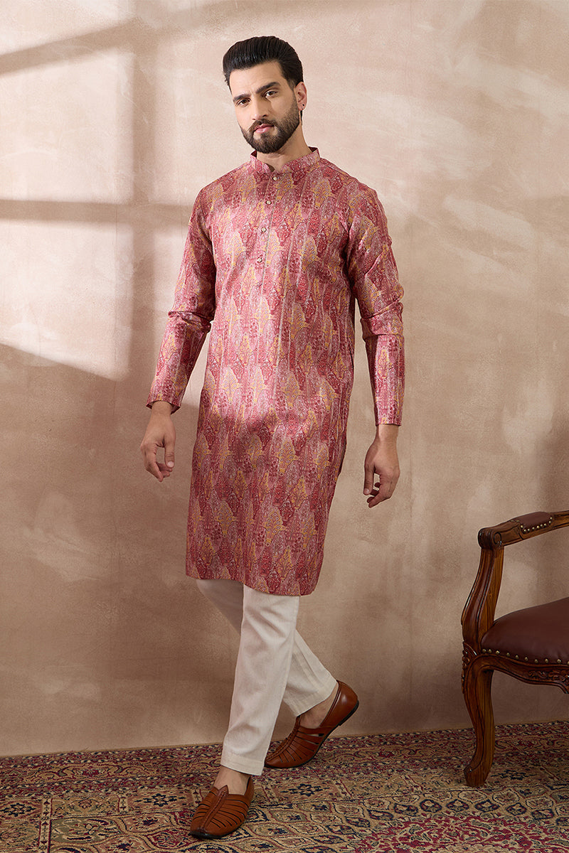 Pink Silk Blend Printed Mandarin Collar Straight Kurta MKU2054