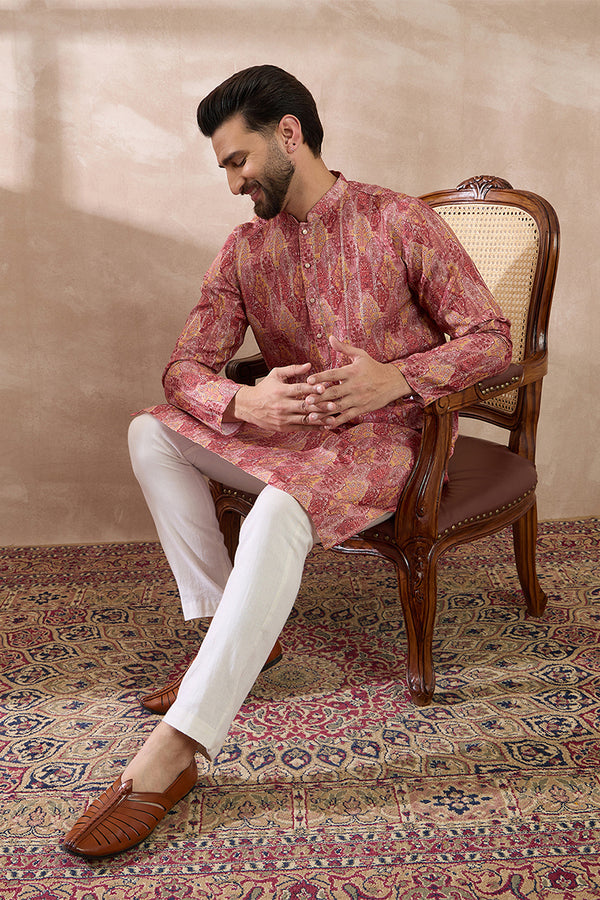 Pink Silk Blend Printed Mandarin Collar Straight Kurta MKU2054