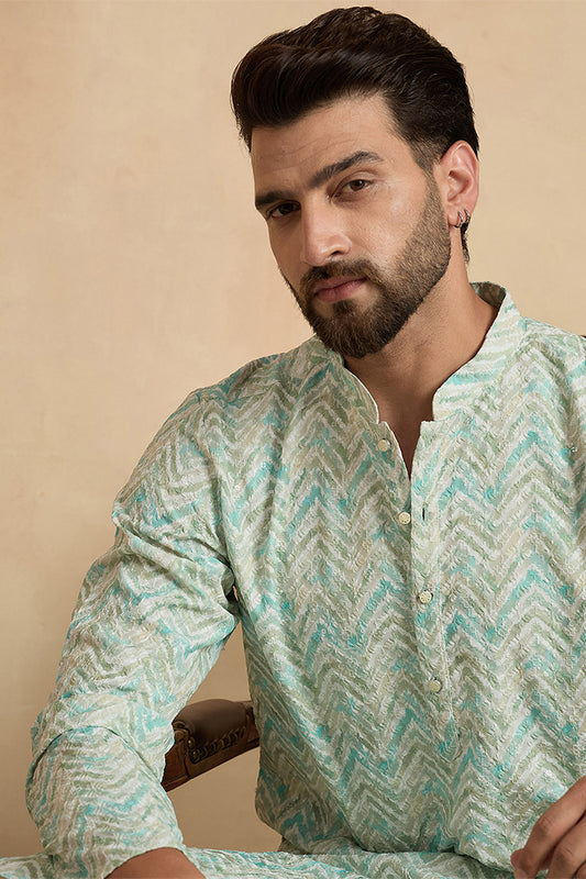 Green Cotton Blend Chevron Embroidered Kurta With Trouser MKSET2068