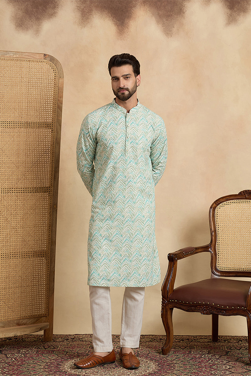 Green Cotton Blend Chevron Embroidered Kurta MKU2068