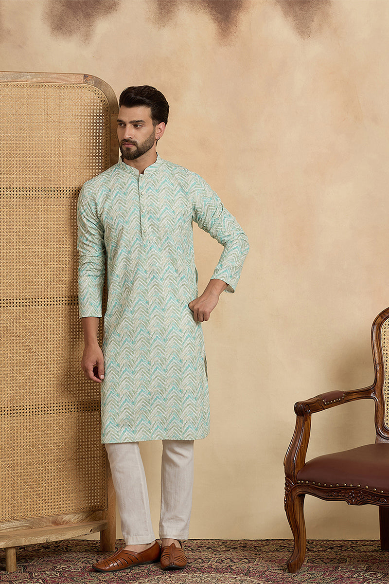 Green Cotton Blend Chevron Embroidered Kurta With Trouser MKSET2068