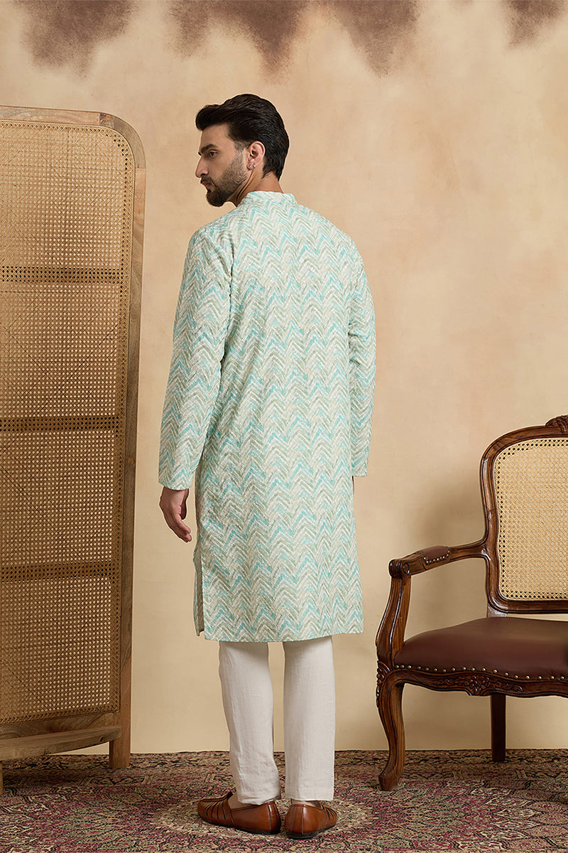 Green Cotton Blend Chevron Embroidered Kurta MKU2068