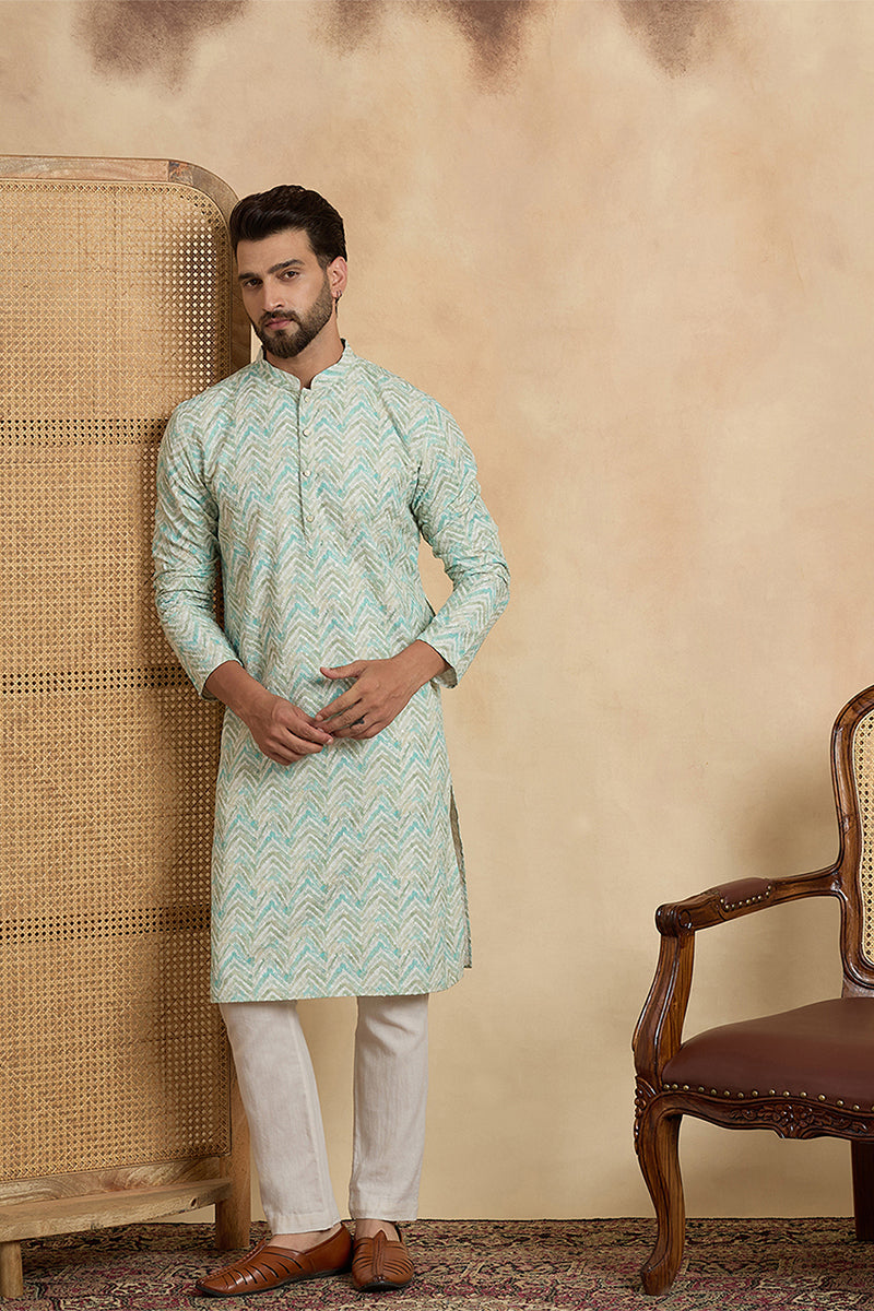 Green Cotton Blend Chevron Embroidered Kurta MKU2068