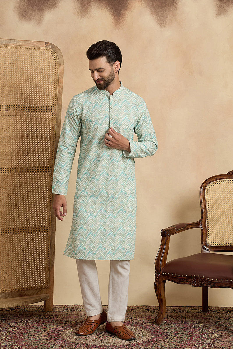 Green Cotton Blend Chevron Embroidered Kurta MKU2068