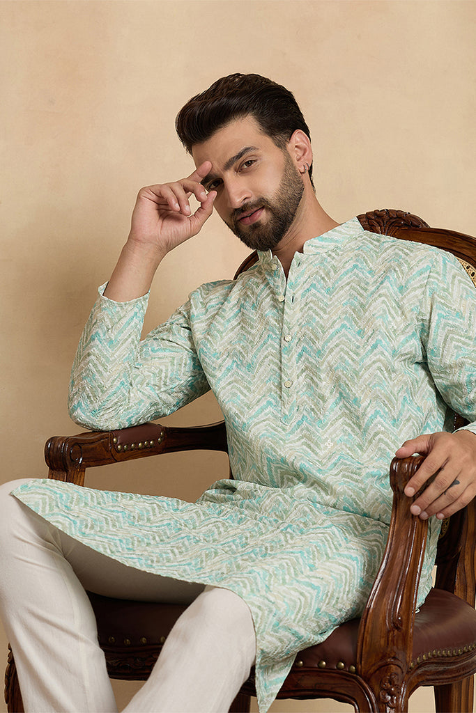 Green Cotton Blend Chevron Embroidered Kurta With Trouser MKSET2068