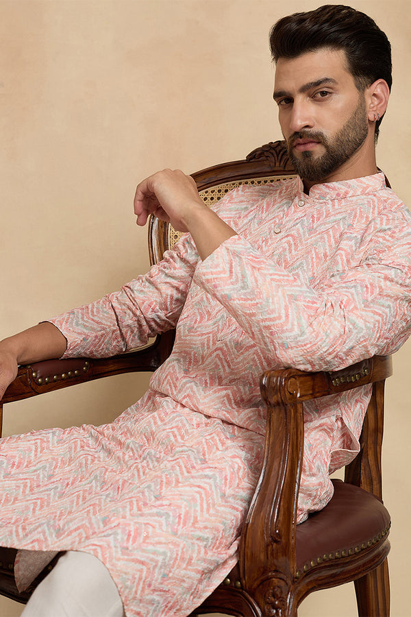 Peach Cotton Blend Chevron Embroidered Kurta With Trouser MKSET2069