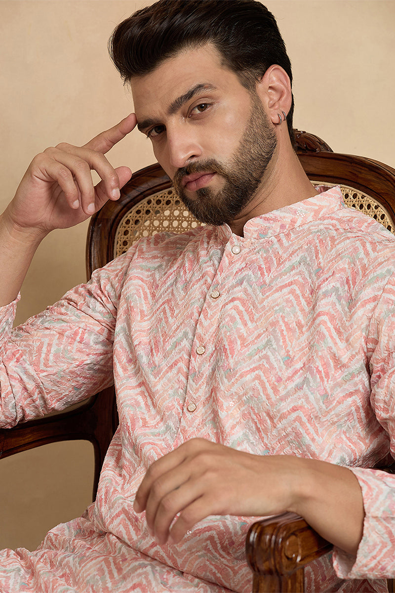 Peach Cotton Blend Chevron Embroidered Kurta With Trouser MKSET2069