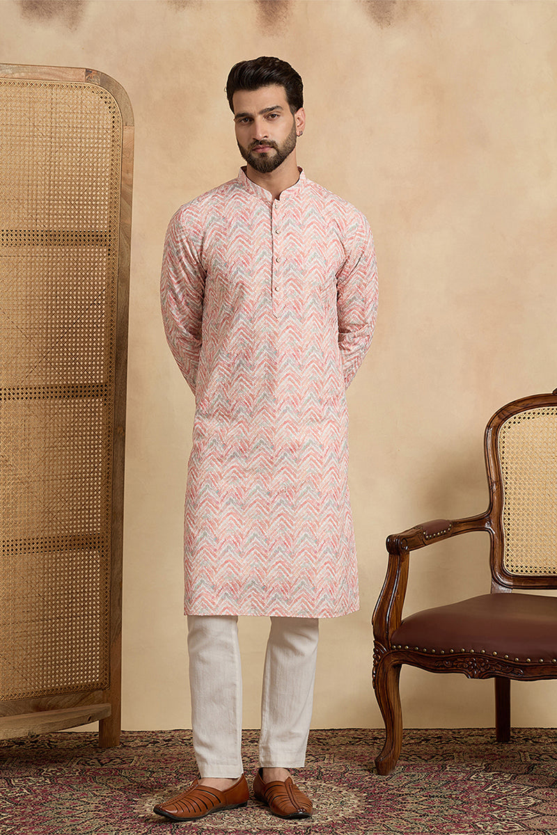Peach Cotton Blend Chevron Embroidered Kurta With Trouser MKSET2069