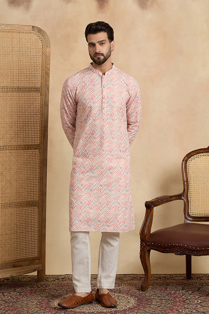 Peach Cotton Blend Chevron Embroidered Kurta With Trouser MKSET2069
