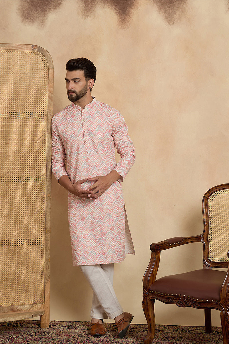 Peach Cotton Blend Chevron Embroidered Kurta MKU2069