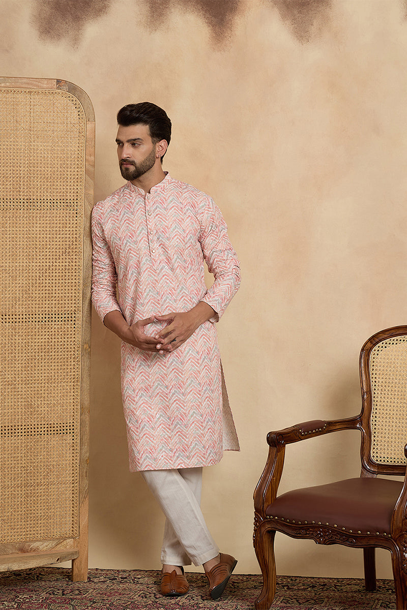 Peach Cotton Blend Chevron Embroidered Kurta With Trouser MKSET2069