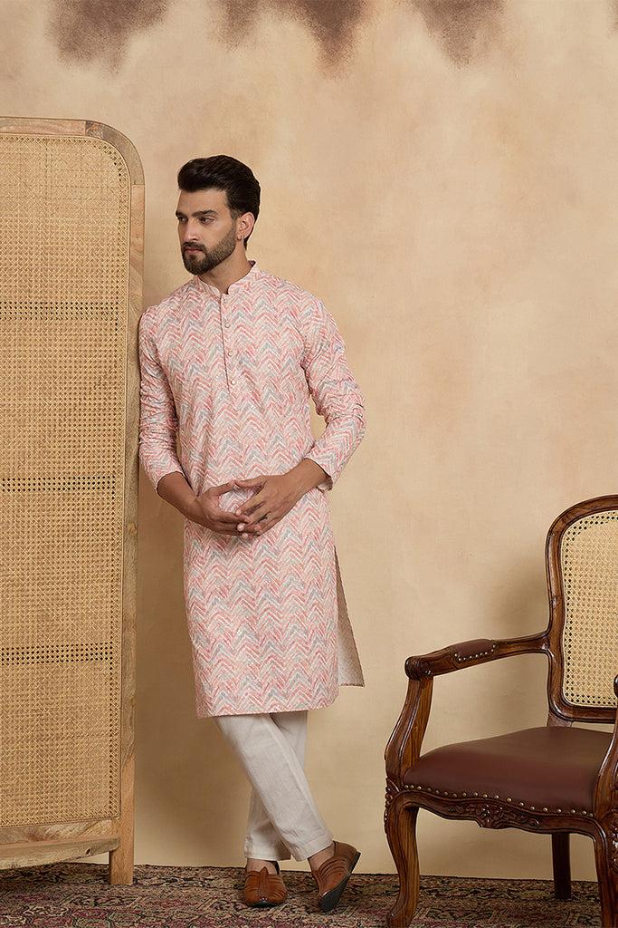 Peach Cotton Blend Chevron Embroidered Kurta With Trouser MKSET2069