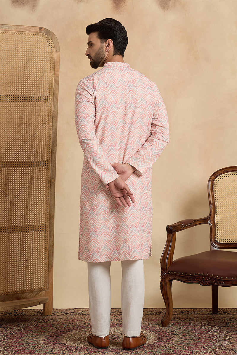 Peach Cotton Blend Chevron Embroidered Kurta MKU2069