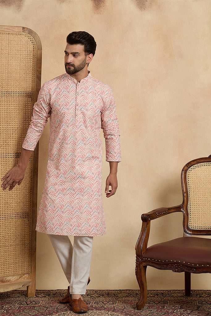 Peach Cotton Blend Chevron Embroidered Kurta MKU2069
