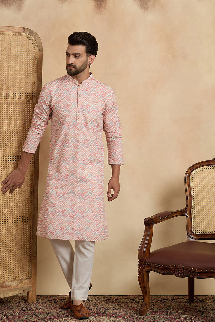 Peach Cotton Blend Chevron Embroidered Kurta With Trouser MKSET2069