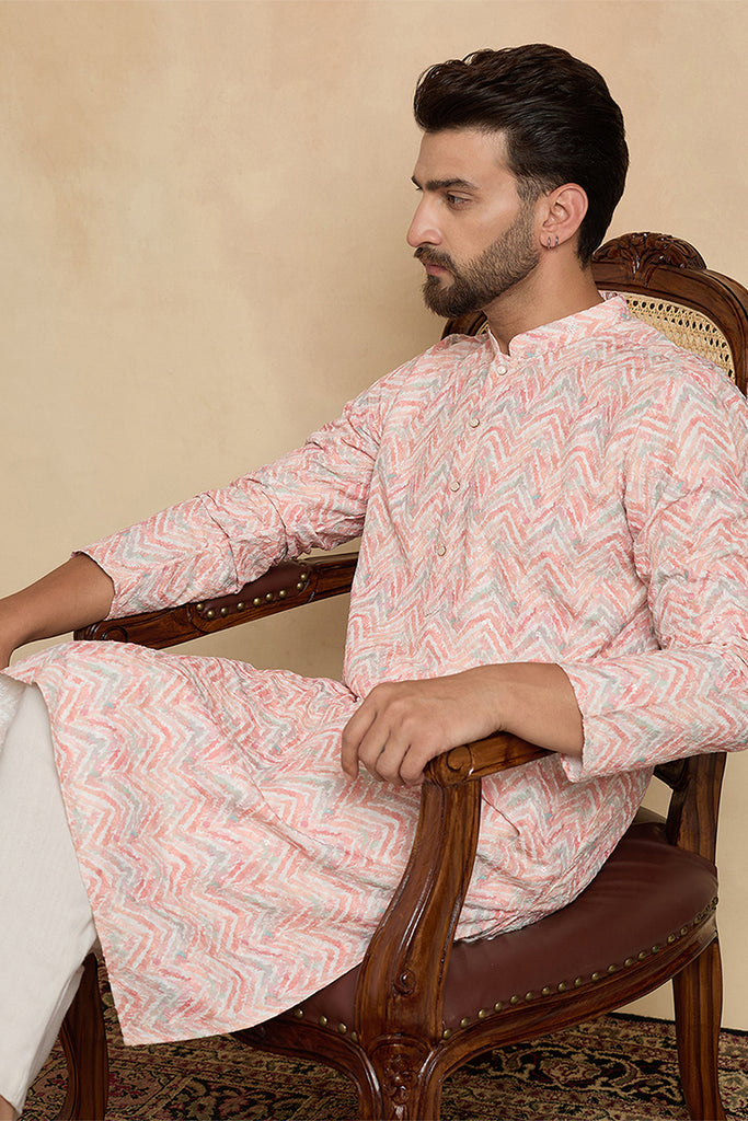 Peach Cotton Blend Chevron Embroidered Kurta MKU2069