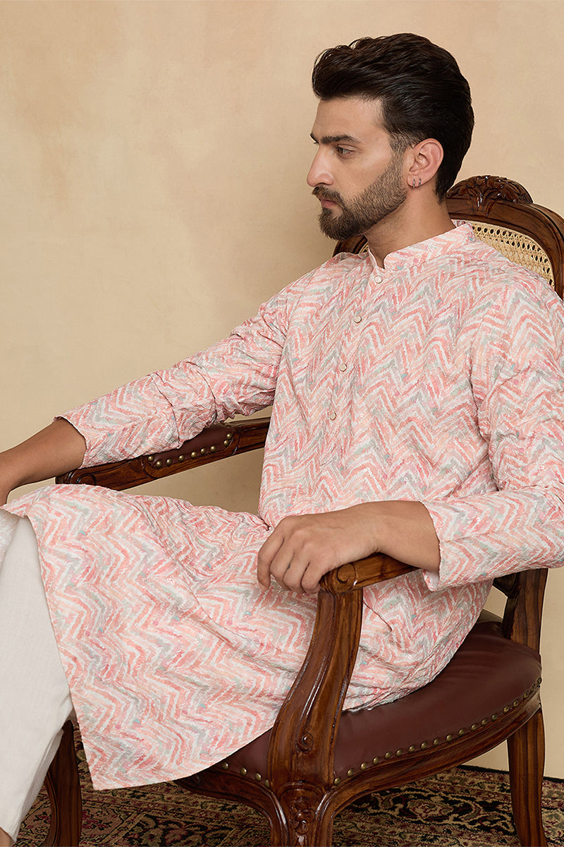 Peach Cotton Blend Chevron Embroidered Kurta With Trouser MKSET2069