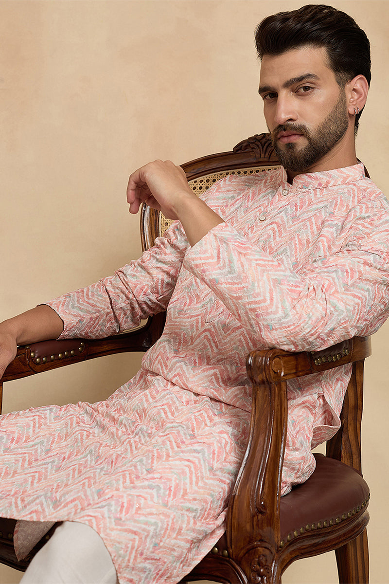 Peach Cotton Blend Chevron Embroidered Kurta MKU2069
