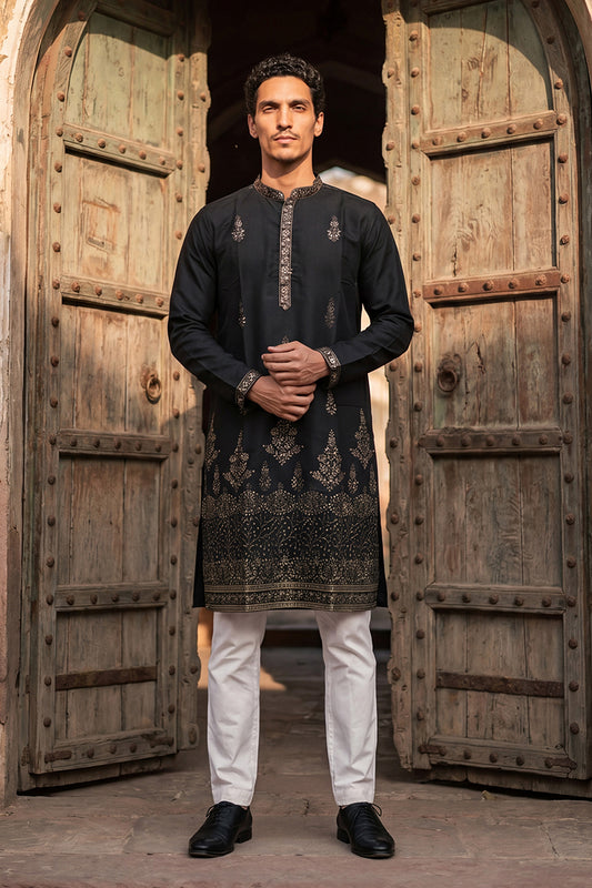 Black Silk Blend Embroidered Straight Kurta MKU2072