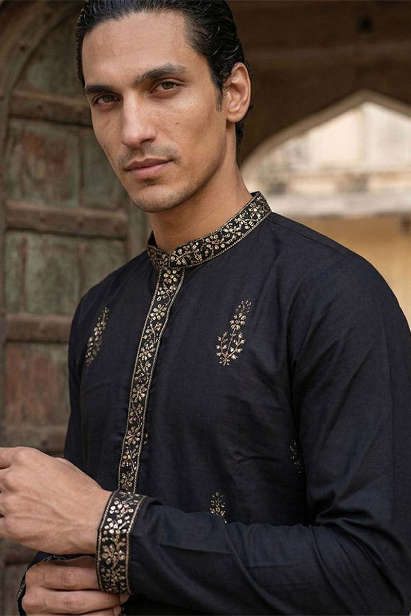 Black Silk Blend Embroidered Straight Kurta Sets MKSET2072