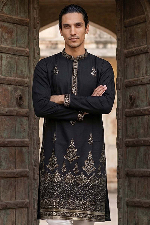 Black Silk Blend Embroidered Straight Kurta MKU2072